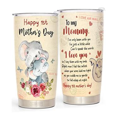 Imagem de 365fury First Mothers Day Gifts For New Mom Daughter From Sister Baby Son - Caneca de café 1º Dia das Mães - Elefante 590 ml Copo isolado a vácuo com tampa para mulheres