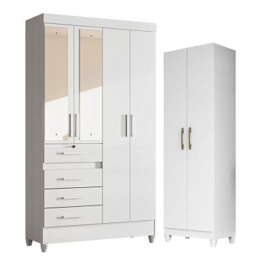 Imagem de Guarda Roupa Infantil Sobral Com Espelho E Armário Multiuso New íris Branco Brilho - Moval