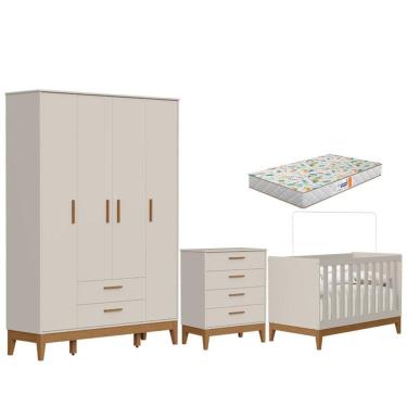 Imagem de Quarto De Bebê Flip Guarda Roupa 4 Portas Areia Acetinado Com Colchão Gazin - Reller