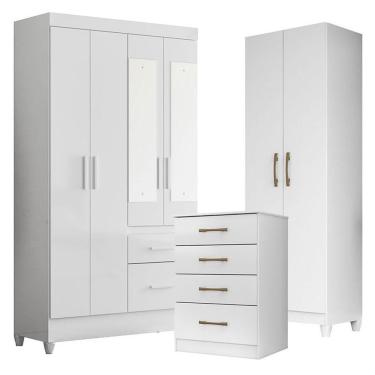 Imagem de Guarda Roupa Com Espelho Infantil Madri Com Cômoda Ms913 E Armário Multiuso New íris Branco Brilho - Moval