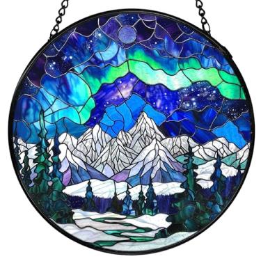 Imagem de FUGWN Decoração de Natal de inverno de vitral, apanhador solar de paisagem de inverno da aurora boreal para janela interna, apanhador de sol de Natal, decoração de parede de vidro redondo, decoração
