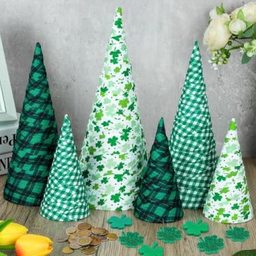 Imagem de 6 peças 30,5 cm, 25,4 cm, 15,2 cm, decoração de mesa de árvore de cone do dia de São Patrício, placa de mesa com trevo verde em camadas, decoração de mesa para festa de São Patrício, lareira e enfeite