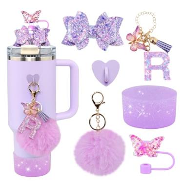 Imagem de Conjunto de 6 peças de acessórios de copo Stanley roxo - tampa de cobertura de palha de borboleta, laço brilhante para canudo, bota de silicone brilhante, pingente de letra e pompom para copos satnley
