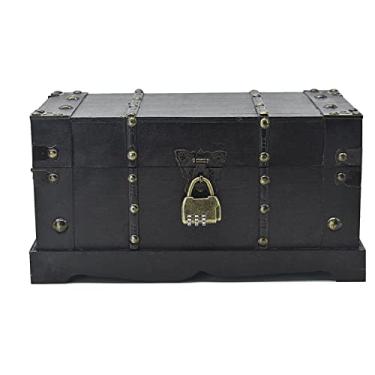 Imagem de JFFCESTORE Baú de armazenamento de madeira decorativo antigo, baú de madeira vintage com trava para decoração de casa