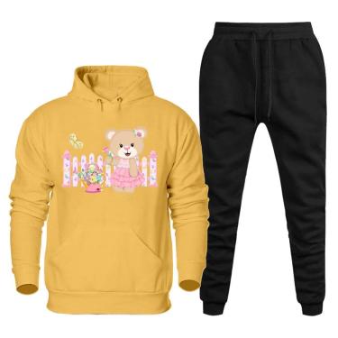 Imagem de Conjunto Feminino Blusa Canguru Estampa de Urso Com Calça Basica Academia Com Bolsos Confortavel