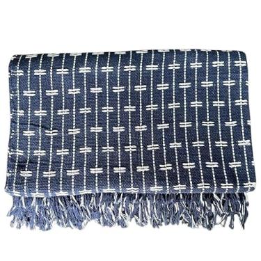 Imagem de Manta Para Sofá Tipo Capa Tijolinho 220 x 160 cm - Confortável e Estilosa 100% Algodão (Azul com Cru)