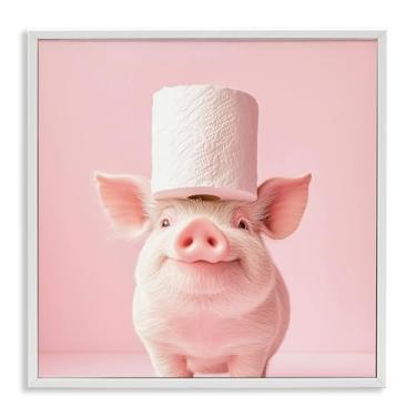 Imagem de Stupell Industries Silly Piggy Pink Papel higiênico arte giclée emoldurada branca, design por Heidi Kuntz, 61 x 61 cm