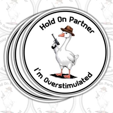 Imagem de Adesivo Hold On Partner I'm Overstimulated (3 peças) - Decalque de vinil engraçado de pato cowboy à prova d'água para laptop, garrafa de água, telefone, carro, janela - Presente bem-humorado para a