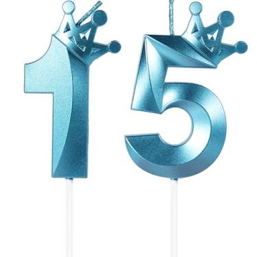 Imagem de Velas de aniversário azuis número 15, topo de bolo de feliz 15º aniversário, vela de aniversário com número de coroa 3D, 15 meninos e meninas, decorações de aniversário, decoração de topo de bolo azul