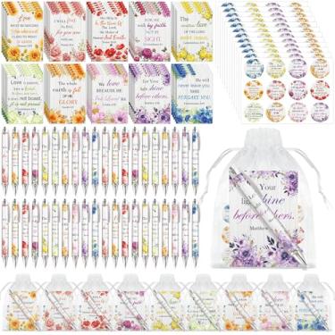 Imagem de Conjunto de 200 peças de presentes cristãos a granel para mulheres e homens, canetas de versículo bíblico cristão, cadernos, religiosas, escrituras VBS, canetas esferográficas, sacos de organza
