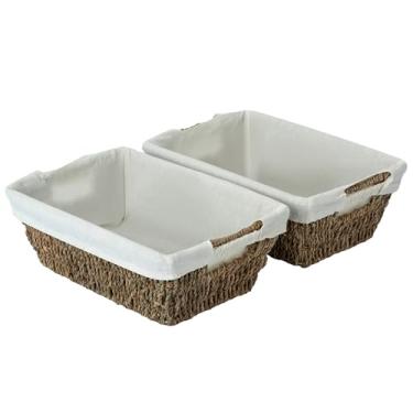 Imagem de Sukkiri Homu Cesto de armazenamento trapézio com alça, conjunto de 2 caixas organizadoras de algas marinhas para bancada de banheiro e vaso sanitário, cesto de vime que economiza espaço, 32 cm C x 22