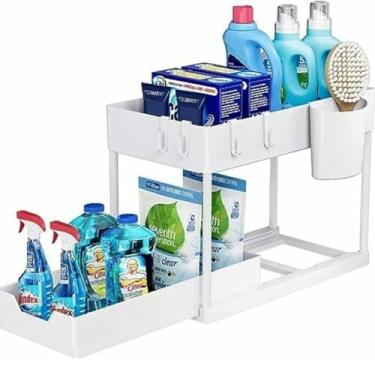 Imagem de Organizador Multiuso 2 Níveis com Bandeja Corrediça, Metal e Plástico PP, Branco, 40x35x22cm, Design Minimalista para Banheiro e Cozinha