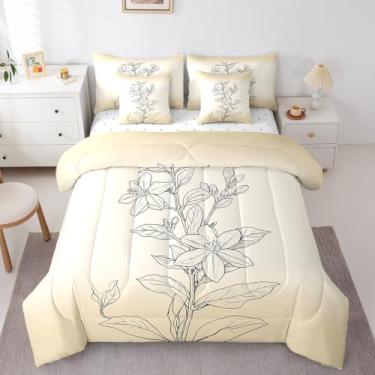 Imagem de Erosebridal Jogo de cama de casal com estampa floral vintage, 7 peças, planta boho, desenhados à mão, ramos de flores, ramos de flores, rústico, decoração de quarto, minimalista, casa de fazenda,