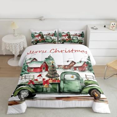 Imagem de Manfei Jogo de cama solteiro com estampa de caminhonete de Natal verde, desenho animado de Papai Noel, para meninos e homens, flores vermelhas e folhas verdes, conjunto de colcha para quarto de