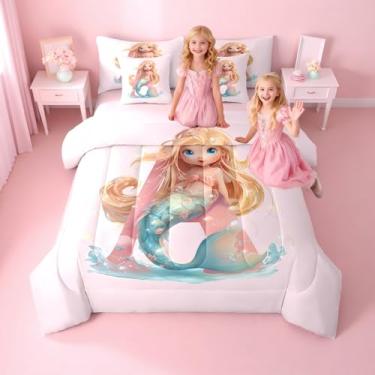 Imagem de Erosebridal Jogo de cama solteiro sereia rosa fofo – Cama monograma em uma bolsa, conjunto de edredom com inicial A personalizada com lençóis, conjunto de cama de princesa Coquette 7 peças, decoração