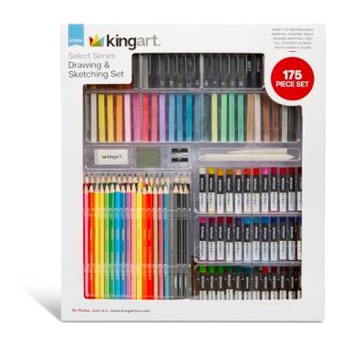 Imagem de KINGART Conjunto de desenho e esboço da série selecionada, 175 peças, kit de arte completo com lápis de cor, pastéis, grafite, carvão, papel