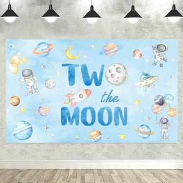 Imagem de Pano de fundo de aniversário Two The Moon Blue Out Space Man Galaxy Rocket Astronauta Planet Moon Theme Baby Boy 2nd Birthday Photography Background Decorações de festa adereços de cabine de fotos