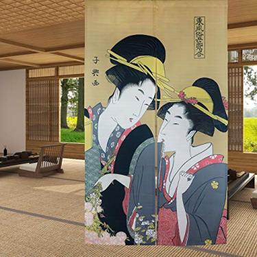 Imagem de LIGICKY Noren Cortina de porta estilo japonês Ukiyoe Gueixa pintura de meninas tipo longo tapeçaria de porta asiática tratamento de janela para decoração de cozinha de sushi de casa 85 x 149 cm
