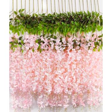 Imagem de 48 peças de flores artificiais de glicínia 10 metros/peça rosa densa artificial falsa videira ratta guirlanda de flores de seda para decoração de festa de casamento em casa (rosa densa)