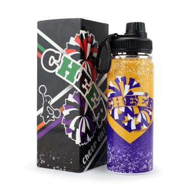 Imagem de BMHHTM Garrafa de água Cheer para meninas 510 g, garrafa esportiva isolada de aço inoxidável com alça, presente de líder de torcida a granel para presentes do time (dourado roxo)