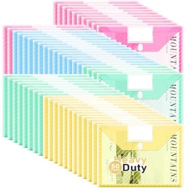 Imagem de WORPSON Pacote com 50, pastas de arquivos de envelopes de plástico, pasta de documentos resistentes para carta e tamanho A4, suporte de documentos transparente com bolsos de etiqueta para escola, casa