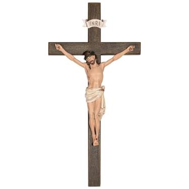 Imagem de PLONKLY Cruz de parede crucifixo - cruz de parede de Jesus pintada à mão decoração de casa católica, crucifixo católico de madeira de 35,5 cm para parede, presentes de casamento religiosos