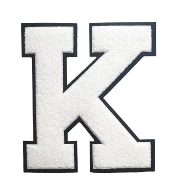 Imagem de 1 Patch de letra de chenille de ferro branco de 16,5 cm com borda preta – Remendos do alfabeto para roupas, jaquetas, mochilas, chapéus para decoração personalizada, nome personalizado e artesanato