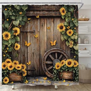 Imagem de Cortina de chuveiro rústica girassol casa de fazenda porta de celeiro de madeira flor amarela borboleta folha verde videira ocidental conjunto de cortina de banheiro com ganchos