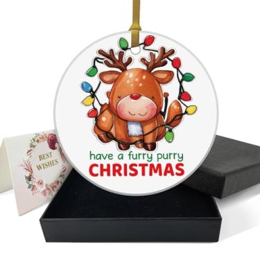 Imagem de REWIDPARTY Enfeites de Natal engraçados - Have A Furry Purry Christmas - Enfeite de cerâmica redondo de 7,6 cm com fita dourada, caixa de presente - Decoração de árvore de Natal - Presentes engraçados