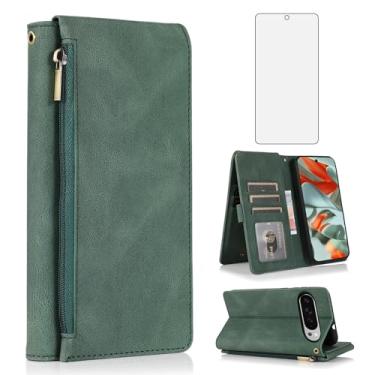 Imagem de Asuwish Compatível com Google Pixel 9 Pro XL/10 Pro XL, capa tipo carteira protetora de tela, zíper, retrô, de couro, suporte para cartão, acessórios para Pixel9 9Pro Nine Pixel10 10Pro LX verde