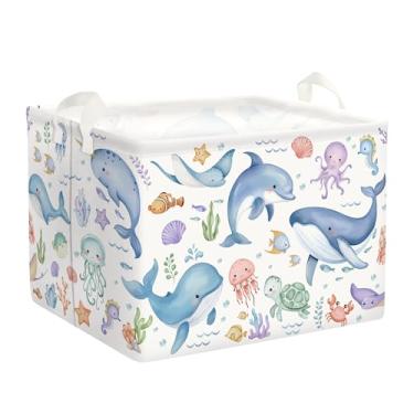 Imagem de HUUMONSS Cesto de roupa suja dobrável para bebês animais marinhos cesta de armazenamento grande para meninos meninas caixa de brinquedo para quarto de bebê, baleias azuis, 36L