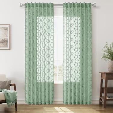 Imagem de Cortinas transparentes verde-água, 2 painéis, 2 painéis, transparentes, arejadas, texturizadas, macias, com padrão de diamante, para porta de vidro deslizante, aba traseira, cortina rústica moderna