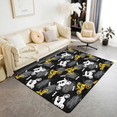 Imagem de Feelyou Dirt Bike Tapetes de sala de estar para quarto, motocross, motociclista, 3 x 5 para crianças, meninos, meninas, amarelo, cinza, preto, tapete decorativo para esportes radicais, tapete interno