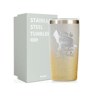 Imagem de Onebttl Presentes de pastor alemão para mulheres, Life Is Better With A German Shepherd, caneca de viagem de aço inoxidável de 590 ml, glitter dourado e prata