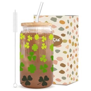 Imagem de Copo de vidro Lucky Clover, design de trevo verde de 473 ml com tampa de bambu, 2 canudos e pincel, presente encantador para mulheres para café gelado, vitaminas, matcha