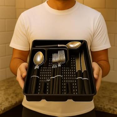 Imagem de Conjunto de Talheres 17 Peças, Faqueiro com Porta Talher, Cabo Ergonômico, Aço Inoxidável e Plástico, Preto, 4 Colheres, 4 Garfos, 4 Facas, 4 Colheres Sobremesa