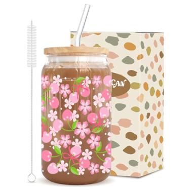 Imagem de Conjunto de copos de vidro com design floral de cereja - copo rosa de 473 ml com tampa de bambu, canudos duplos e pincel - presente elegante para mulheres para café gelado, uísque, refrigerante e