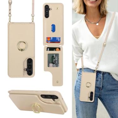 Imagem de Lipvina Capa para Samsung Galaxy S25 Plus com suporte para cartão e alça para mulheres, cordão transversal, suporte de anel, fecho de pressão, capa carteira para celular de 6,7 polegadas (bege)