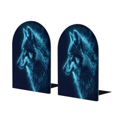 Imagem de Lobo animal azul grande suporte de livros de madeira decorativo antiderrapante resistente terminais de livros para escritório mesa de escritório casa biblioteca escola estudo decoração divisórias de