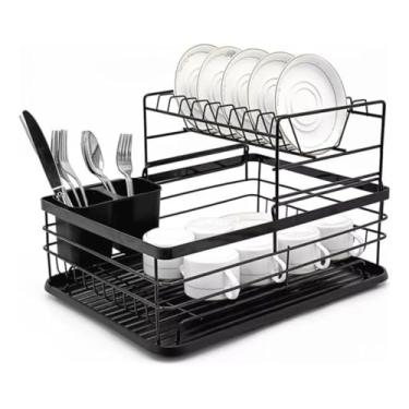 Imagem de Escorredor de Louça 2 Andares Preto Fosco – Aço Inoxidável/Carbono Antiferrugem – Porta Talheres e Copos + Bandeja Coletora de Água – Organização Cozinha Bancada Compacta