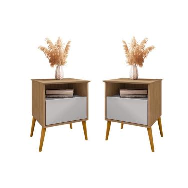 Imagem de Kit 2 Mesa De Cabeceira Cancun 1 Gaveta Pés Madeira Maciça Cinamomo/off White