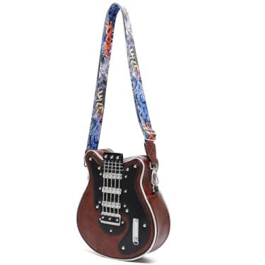Imagem de Bolsa tiracolo masculina e feminina em forma de guitarra de couro PU exclusiva novidade bolsa de guitarra (marrom 1)