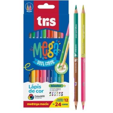 Imagem de Lápis de Cor Tris Mega Soft Color Bicolor 24 Cores Neon, Metálicas e Clássicas Ponta Dupla TraçoEscolar e Artístico