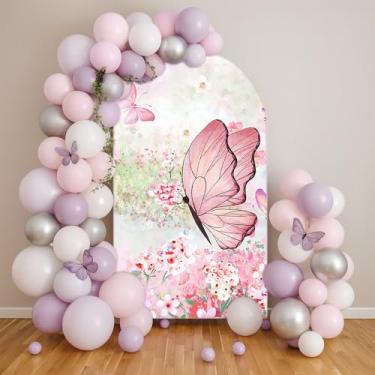 Imagem de Capa de fundo de arco de jardim floral borboleta dupla face com suporte elástico para festa de aniversário rosa, festas de casamento, decorações de chá de bebê (2,6 x 6 pés, G-3413)