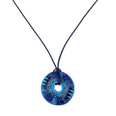 Imagem de Colar Pingente de Argola pintada a mão, artesanal (Tribal Azul)