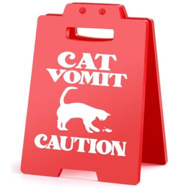 Imagem de Sinal decorativo engraçado gato vômito cautela bem-humorado decoração de mesa presentes para amantes de gatos donos de animais de estimação - vermelho