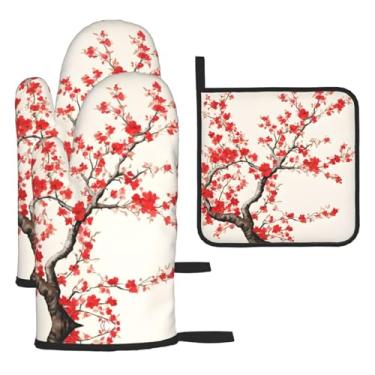 Imagem de Conjunto de cozinha essencial de 3 peças com estampa floral de ameixa japonesa, luvas resistentes ao calor e alça de tampa, proteção para churrasco no forno, design de armazenamento suspenso.