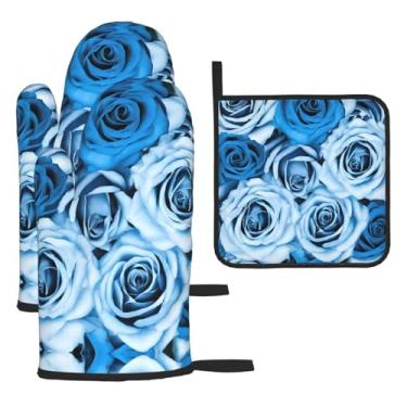 Imagem de Conjunto de cozinha essencial de 3 peças com estampa de rosa turquesa, luvas resistentes ao calor e alça de tampa, proteção para churrasco no forno, design de armazenamento suspenso.
