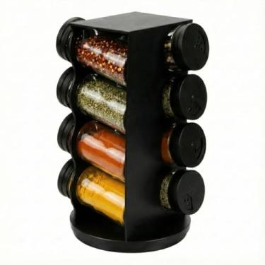 Imagem de Condimento Porta Tempero Giratório Preto 8 Potes Vidro 80ml Organizador Gourmet Cozinha Bancada Luxo