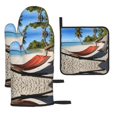 Imagem de Paradise Beach with Hammock Coconut Palm Trees - Conjunto de cozinha essencial com 3 peças, luvas seguras para calor e aderência de tampa, proteção para churrasco no forno, design de armazenamento